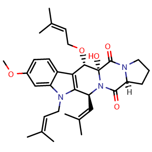 Chemical structure of (5aR,6S,12S,14aS)-1,2,3,5a,6,11,12,14a-Octahydro-5a-hydroxy-9-methoxy-11-(3-methyl-2-buten-1-yl)-6-[(3-methyl-2-buten-1-yl)oxy]-12-(2-methyl-1-propen-1-yl)-5H,14H-pyrrolo[1′′,2′′:4′,5′]pyrazino[1′,2′:1,6]pyrido[3,4-b]indole-5,14-dione , CAS 1449230-01-6, AChemBlock AD261997