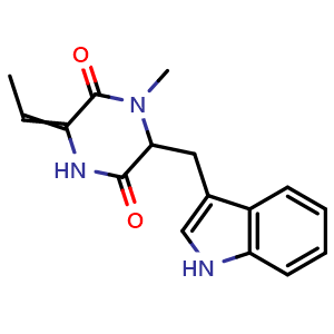 Chemical structure of 3-Ethylidene-6-(1H-indol-3-ylmethyl)-1-methyl-2,5-piperazinedione , CAS 55062-34-5, AChemBlock AD261998