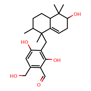 Chemical structure of 2,4-Dihydroxy-3-((6-hydroxy-1,2,5,5-tetramethyl-1,2,3,4,4a,5,6,7-octahydronaphthalen-1-yl)methyl)-6-(hydroxymethyl)benzaldehyde , CAS 1797884-14-0, AChemBlock AD262008