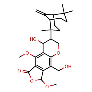 Chemical structure of 2,3,4,8-Tetrahydro-4-hydroxy-9-(hydroxymethyl)-5,8-dimethoxy-3-(2,6,6-trimethyl-9-methylenebicyclo[3.3.1]non-2-yl)-6H-furo[3,4-g]-1-benzopyran-6-one , CAS 2732807-59-7, AChemBlock AD262010