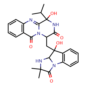 Chemical structure of 2H-Pyrazino[2,1-b]quinazoline-3,6(1H,4H)-dione, 1-hydroxy-1-(1-methylethyl)-4-[(2,3,9,9a-tetrahydro-9-hydroxy-2,2-dimethyl-3-oxo-1H-imidazo[1,2-a]indol-9-yl)methyl]- , CAS 2058424-34-1, AChemBlock AD262014