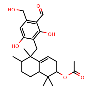 Chemical structure of Benzaldehyde, 3-[[6-(acetyloxy)-1,2,3,4,4a,5,6,7-octahydro-1,2,5,5-tetramethyl-1-naphthalenyl]methyl]-2,4-dihydroxy-6-(hydroxymethyl)- , CAS 2732755-70-1, AChemBlock AD262019