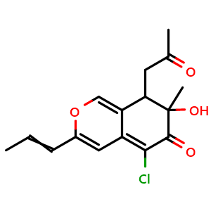 Chemical structure of 5-Chloro-7,8-dihydro-7-hydroxy-7-methyl-8-(2-oxopropyl)-3-(1-propen-1-yl)-6H-2-benzopyran-6-one , CAS 2734690-26-5, AChemBlock AD262036