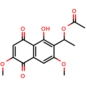 Chemical structure of 6-[1-(Acetyloxy)ethyl]-5-hydroxy-2,7-dimethoxy-1,4-naphthalenedione , CAS 68594-15-0, AChemBlock AD262072