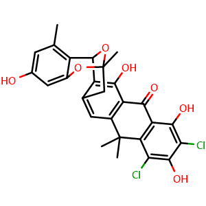 Chemical structure of 10,12-Dichloro-3,11,13,15-tetrahydroxy-1,6,9,9-tetramethyl-6,7,9,16-tetrahydro-14H-6,16-epoxyanthra[2,3-e]benzo[b]oxocin-14-one , CAS 1356188-46-9, AChemBlock AD262079