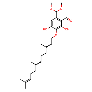 Chemical structure of 6-(Dimethoxymethyl)-2,4-dihydroxy-3-((3,7,11-trimethyldodeca-2,6,10-trien-1-yl)oxy)benzaldehyde , CAS 2098356-29-5, AChemBlock AD262082