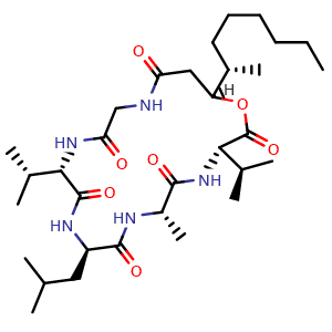 Chemical structure of Cyclo[L-alanyl-L-valyl-(3S,4S)-3-hydroxy-4-methyldecanoylglycyl-L-valyl-D-leucyl] , CAS 2326436-94-4, AChemBlock AD262092