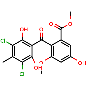 Chemical structure of Methyl 2-(3,5-dichloro-2,6-dihydroxy-4-methylbenzoyl)-5-hydroxy-3-methoxybenzoate , CAS 2151-16-8, AChemBlock AD262096