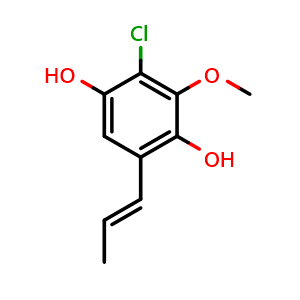 Chemical structure of 2-Chloro-3-methoxy-5-(1-propen-1-yl)-1,4-benzenediol , CAS 2734566-73-3, AChemBlock AD262125