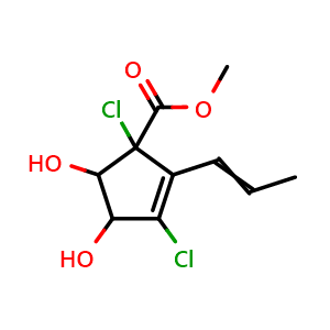 Chemical structure of Methyl 1,3-dichloro-4,5-dihydroxy-2-(1-propen-1-yl)-2-cyclopentene-1-carboxylate , CAS 2734568-87-5, AChemBlock AD262144