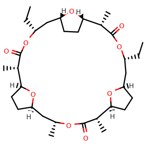 Chemical structure of (1S,2S,5R,7R,10S,11S,14R,16R,19S,20S,23R,25R)-5,14-diethyl-2,11,20,23-tetramethyl-4,13,22,28,29,30-hexaoxatetracyclo[23.2.1.17,10.116,19]triacontane-3,12,21-trione , CAS 723340-57-6, AChemBlock AD262149