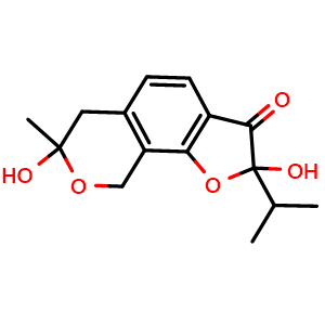 Chemical structure of 6,9-Dihydro-2,7-dihydroxy-7-methyl-2-(1-methylethyl)-7H-furo[3,2-h][2]benzopyran-3(2H)-one , CAS 2733214-88-3, AChemBlock AD262155