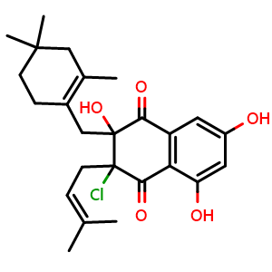 Chemical structure of 1,4-Naphthalenedione, 3-chloro-2,3-dihydro-2,5,7-trihydroxy-3-(3-methyl-2-buten-1-yl)-2-[(2,4,4-trimethyl-1-cyclohexen-1-yl)methyl] , CAS 2733900-77-9, AChemBlock AD262161