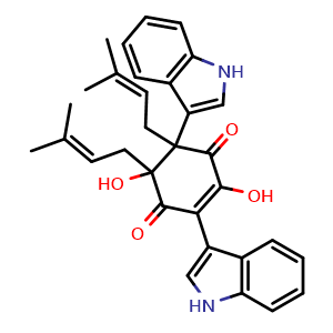 Chemical structure of 2-Cyclohexene-1,4-dione, 2,5-dihydroxy-3,6-di-1H-indol-3-yl-5,6-bis(3-methyl-2-buten-1-yl) , CAS 2973127-91-0, AChemBlock AD262169