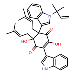 Chemical structure of 2-Cyclohexene-1,4-dione, 5-[1-(1,1-dimethyl-2-propen-1-yl)-1H-indol-3-yl]-3,6-dihydroxy-2-(1H-indol-3-yl)-5,6-bis(3-methyl-2-buten-1-yl) , CAS 2938352-90-8, AChemBlock AD262170