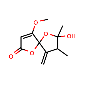 Chemical structure of 7-Hydroxy-4-methoxy-7,8-dimethyl-9-methylene-1,6-dioxaspiro[4.4]non-3-en-2-one , CAS 179308-49-7, AChemBlock AD262209