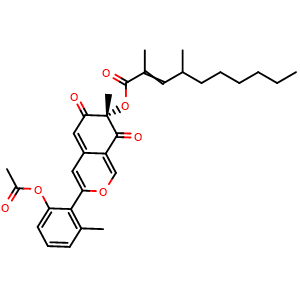 Chemical structure of (S)-3-(2-Acetoxy-6-methylphenyl)-7-methyl-6,8-dioxo-7,8-dihydro-6H-isochromen-7-yl 2,4-dimethyldec-2-enoate , CAS 2241205-03-6, AChemBlock AD262210