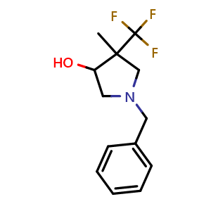 Chemical structure of 1-Benzyl-4-methyl-4-(trifluoromethyl)pyrrolidin-3-ol , CAS 2661482-60-4, AChemBlock AD262226