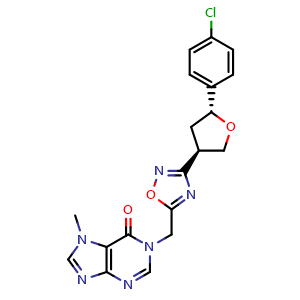 Chemical structure of 1-[[3-[(3R,5R)-5-(4-Chlorophenyl)oxolan-3-yl]-1,2,4-oxadiazol-5-yl]methyl]-7-methylpurin-6-one , CAS 2376824-92-7, AChemBlock AD262244