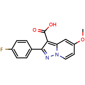 Chemical structure of 2-(4-Fluorophenyl)-5-methoxypyrazolo[1,5-a]pyridine-3-carboxylic acid , CAS 1215106-29-8, AChemBlock AD262252