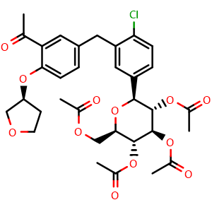 Chemical structure of (2R,3R,4R,5S,6S)-2-(acetoxymethyl)-6-(3-(3-acetyl-4-(((S)-tetrahydrofuran-3-yl)oxy)benzyl)-4-chlorophenyl)tetrahydro-2H-pyran-3,4,5-triyl triacetate , AChemBlock AD262265