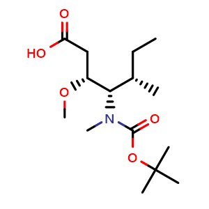 Chemical structure of (3R,4S,5S)-4-[[(1,1-Dimethylethoxy)carbonyl]methylamino]-3-methoxy-5-methylheptanoic acid , CAS 132149-81-6, AChemBlock AD262266