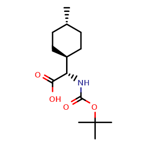 Chemical structure of (S)-2-((tert-Butoxycarbonyl)amino)-2-((1r,4S)-4-methylcyclohexyl)acetic acid , CAS 1187224-06-1, AChemBlock AD262299