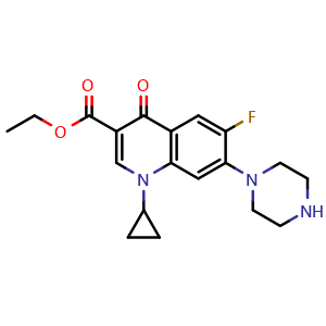 Chemical structure of Ethyl 1-cyclopropyl-6-fluoro-4-oxo-7-(piperazin-1-yl)-1,4-dihydroquinoline-3-carboxylate , CAS 105404-65-7, AChemBlock AD262378