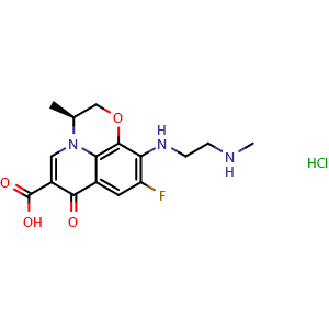 Chemical structure of (S)-9-Fluoro-3-methyl-10-((2-(methylamino)ethyl)amino)-7-oxo-3,7-dihydro-2H-[1,4]oxazino[2,3,4-ij]quinoline-6-carboxylic acid hydrochloride , CAS 1346603-62-0, AChemBlock AD262379