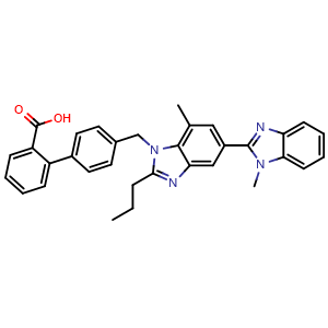 Chemical structure of 4'-((1,7'-Dimethyl-2'-propyl-1H,1'H-[2,5'-bibenzo[d]imidazol]-1'-yl)methyl)-[1,1'-biphenyl]-2-carboxylic acid , CAS 1026353-20-7, AChemBlock AD262429