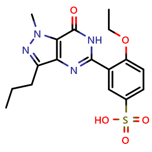 Chemical structure of 4-ethoxy-3-(1-methyl-7-oxo-3-propyl-6,7-dihydro-1H-pyrazolo[4,3-d]pyrimidin-5-yl)benzenesulfonic acid , CAS 1357931-55-5, AChemBlock AD262441