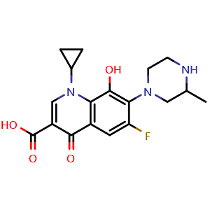 Chemical structure of 1-Cyclopropyl-6-fluoro-8-hydroxy-7-(3-methylpiperazin-1-yl)-4-oxo-1,4-dihydroquinoline-3-carboxylic acid , CAS 616205-76-6, AChemBlock AD262493