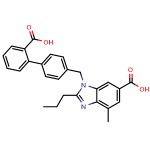 Chemical structure of 1-((2'-Carboxy-[1,1'-biphenyl]-4-yl)methyl)-4-methyl-2-propyl-1H-benzo[d]imidazole-6-carboxylic acid , CAS 884330-12-5, AChemBlock AD262511