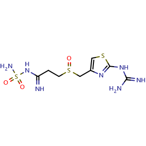 Chemical structure of 3-[2-(Diaminomethyleneamino)-1,3-thiazol-4-ylmethylsulphinyl]-N-sulphamoylpropanamidine , CAS 90237-03-9, AChemBlock AD262512
