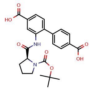 Chemical structure of (S)-2-(1-(tert-Butoxycarbonyl)pyrrolidine-2-carboxamido)-[1,1'-biphenyl]-4,4'-dicarboxylic acid , CAS 1283676-82-3, AChemBlock AD262609