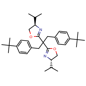 Chemical structure of (4R,4'S)-2,2'-(1,3-Bis(4-(tert-butyl)phenyl)propane-2,2-diyl)bis(4-isopropyl-4,5-dihydrooxazole) , CAS 2757082-36-1, AChemBlock AD262624