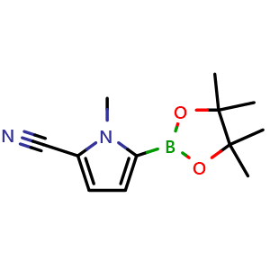 Chemical structure of 1-Methyl-5-(4,4,5,5-tetramethyl-1,3,2-dioxaborolan-2-yl)-1H-pyrrole-2-carbonitrile , CAS 2124215-71-8, AChemBlock AD262674