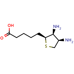 Chemical structure of (2S,3S,4R)-3,4-Diaminotetrahydro-2-thiophenepentanoic acid , CAS 22342-46-7, AChemBlock AD262684