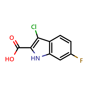 Chemical structure of 3-Chloro-6-fluoro-1H-indole-2-carboxylic acid , CAS 1312138-48-9, AChemBlock AD262776