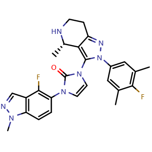 Chemical structure of (S)-1-(4-Fluoro-1-methyl-1H-indazol-5-yl)-3-(2-(4-fluoro-3,5-dimethylphenyl)-4-methyl-4,5,6,7-tetrahydro-2H-pyrazolo[4,3-c]pyridin-3-yl)-1H-imidazol-2(3H)-one , CAS 2212022-56-3, AChemBlock AD262777