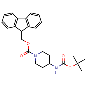 Chemical structure of 9H-Fluoren-9-ylmethyl 4-[(2-methylpropan-2-yl)oxycarbonylamino]piperidine-1-carboxylate , CAS 1935586-88-1, AChemBlock AD262799
