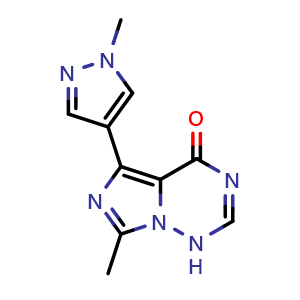 Chemical structure of 7-Methyl-5-(1-methyl-1H-pyrazol-4-yl)imidazo[5,1-f][1,2,4]triazin-4(1H)-one , CAS 1394034-57-1, AChemBlock AD262806