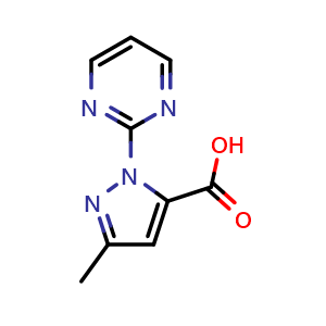 Chemical structure of 3-Methyl-1-(pyrimidin-2-yl)-1H-pyrazole-5-carboxylic acid , CAS 2221011-22-7, AChemBlock AD262857