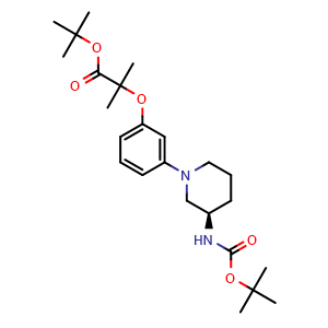 Chemical structure of tert-Butyl (R)-2-(3-(3-((tert-butoxycarbonyl)amino)piperidin-1-yl)phenoxy)-2-methylpropanoate , CAS 2892134-83-5, AChemBlock AD262887