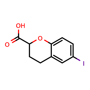 Chemical structure of 6-Iodo-3,4-dihydro-2H-1-benzopyran-2-carboxylic acid , CAS 227960-58-9, AChemBlock AD262888