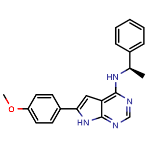 Chemical structure of (R)-6-(4-Methoxyphenyl)-N-(1-phenylethyl)-7H-pyrrolo[2,3-d]pyrimidin-4-amine , CAS 203724-37-2, AChemBlock AD262902