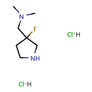 Chemical structure of [(3-Fluoropyrrolidin-3-yl)methyl]dimethylamine dihydrochloride , CAS 2648948-55-2, AChemBlock AD262913