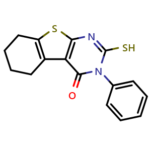 Chemical structure of 4-Phenyl-5-sulfanyl-8-thia-4,6-diazatricyclo[7.4.0.0,{2,7}]trideca-1(9),2(7),5-trien-3-one , CAS 42076-13-1, AChemBlock AD262953