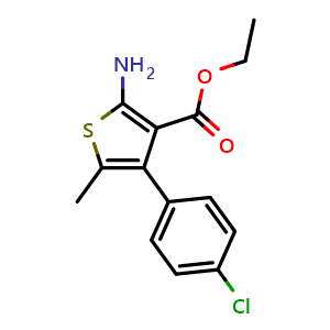 Chemical structure of Ethyl 2-amino-4-(4-chlorophenyl)-5-methylthiophene-3-carboxylate , CAS 350989-77-4, AChemBlock AD262960