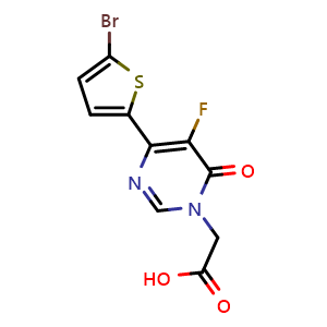 Chemical structure of 2-[4-(5-bromothiophen-2-yl)-5-fluoro-6-oxo-1,6-dihydropyrimidin-1-yl]acetic acid , CAS 2444901-51-1, AChemBlock AD262977